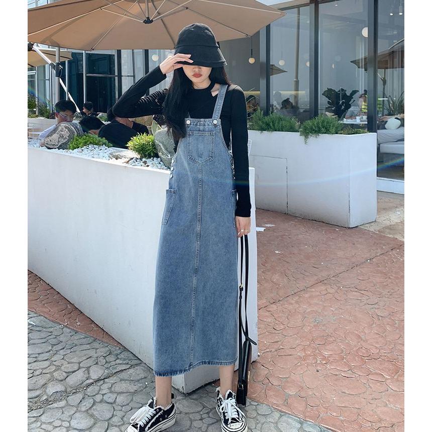 ジャンパースカート レディース ボトムス ロング丈 ミモレ丈 ジーンズ デニム シンプル 無地 カンガルーポケット カジュアル ジャンスカ 大きいサイ | plusnao | 02