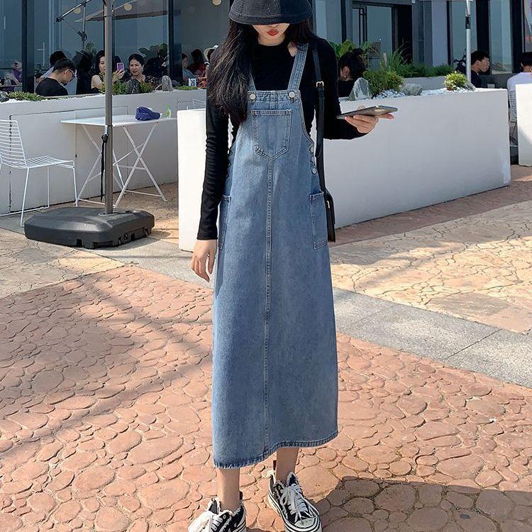 ジャンパースカート レディース ボトムス ロング丈 ミモレ丈 ジーンズ デニム シンプル 無地 カンガルーポケット カジュアル ジャンスカ 大きいサイ | plusnao | 03