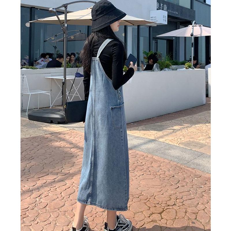 ジャンパースカート レディース ボトムス ロング丈 ミモレ丈 ジーンズ デニム シンプル 無地 カンガルーポケット カジュアル ジャンスカ 大きいサイ | plusnao | 04