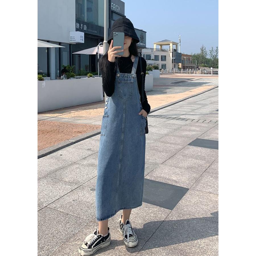 ジャンパースカート レディース ボトムス ロング丈 ミモレ丈 ジーンズ デニム シンプル 無地 カンガルーポケット カジュアル ジャンスカ 大きいサイ | plusnao | 06