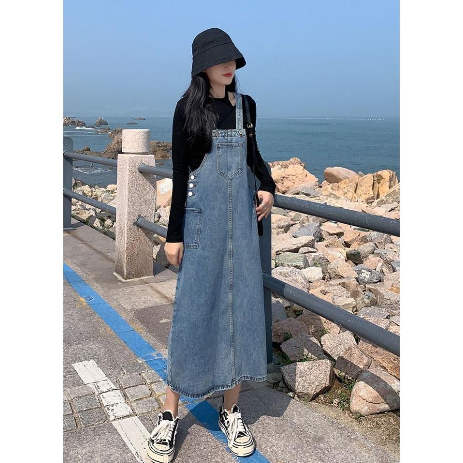 ジャンパースカート レディース ボトムス ロング丈 ミモレ丈 ジーンズ デニム シンプル 無地 カンガルーポケット カジュアル ジャンスカ 大きいサイ | plusnao | 07