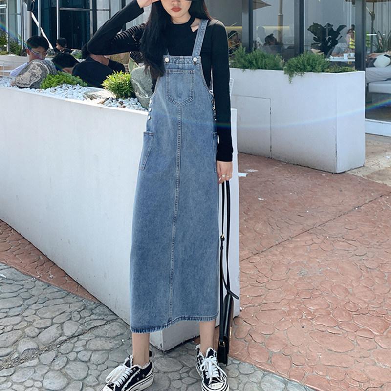 ジャンパースカート レディース ボトムス ロング丈 ミモレ丈 ジーンズ デニム シンプル 無地 カンガルーポケット カジュアル ジャンスカ 大きいサイ | plusnao | 08