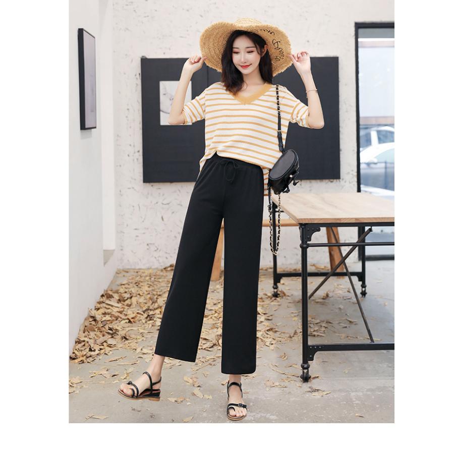 ロングパンツ レディース セミワイド イージーパンツ ボトムス 長ズボン ウエストゴム 無地 単色 リブ ワイドパンツ シンプル おしゃれ かわいい | plusnao | 02