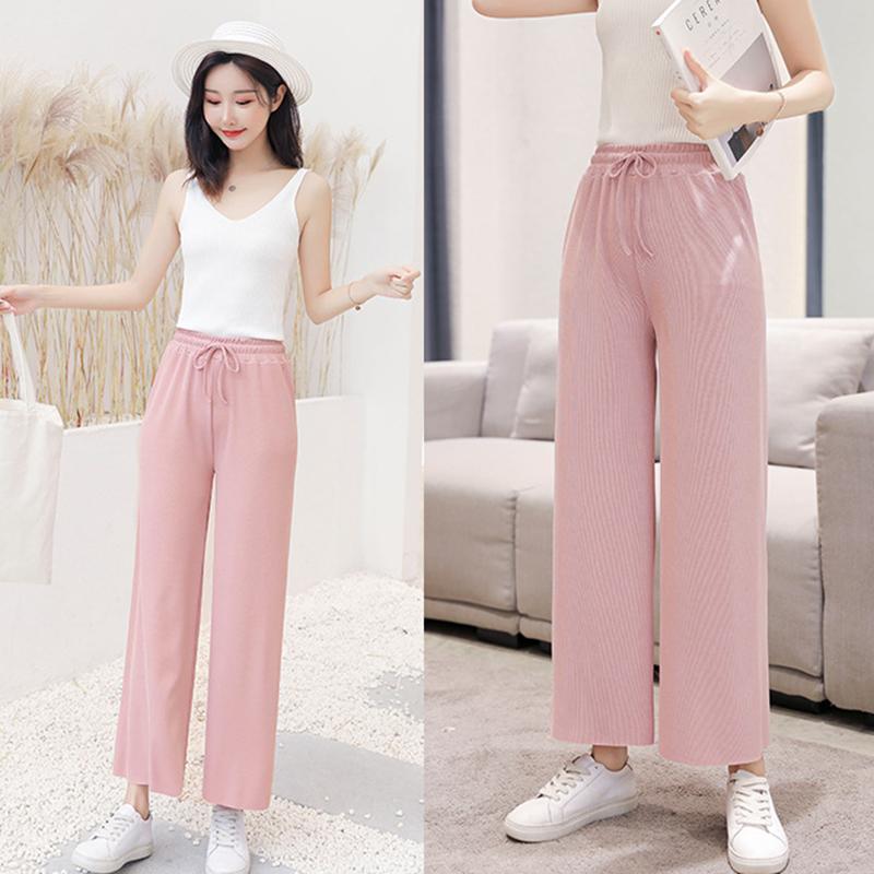 ロングパンツ レディース セミワイド イージーパンツ ボトムス 長ズボン ウエストゴム 無地 単色 リブ ワイドパンツ シンプル おしゃれ かわいい | plusnao | 03