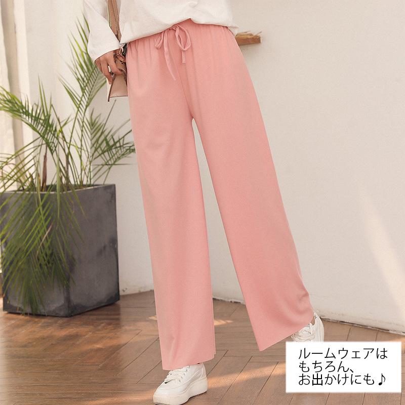 ロングパンツ レディース セミワイド イージーパンツ ボトムス 長ズボン ウエストゴム 無地 単色 リブ ワイドパンツ シンプル おしゃれ かわいい | plusnao | 05