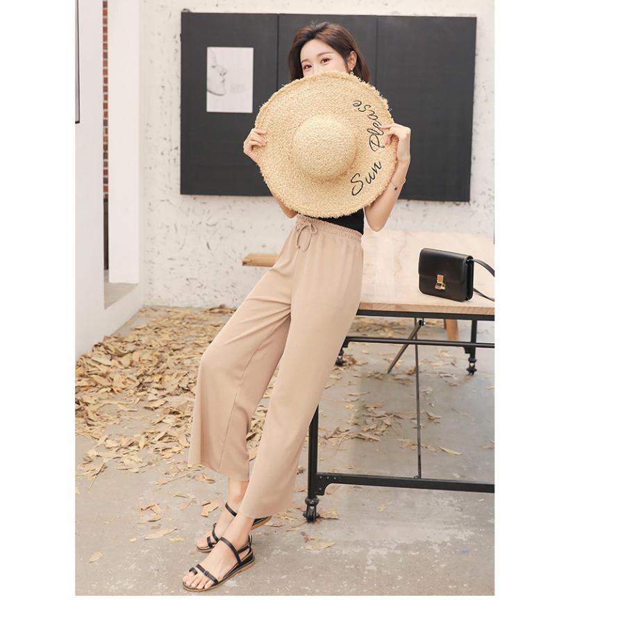 ロングパンツ レディース セミワイド イージーパンツ ボトムス 長ズボン ウエストゴム 無地 単色 リブ ワイドパンツ シンプル おしゃれ かわいい | plusnao | 06