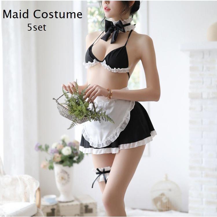 メイド服 コスチューム 5点セット ブラジャー エプロン ミニスカート チョーカー 脚リング 白 黒 メイド コスプレ 衣装 仮装 セクシー下着 セッ かわいい新作