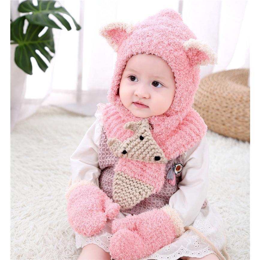ニット帽子 帽子 子ども ベビー 赤ちゃん キッズ 男の子 女の子 ファッション小物 ベビー帽子 手編み風 3点セット 手袋 マフラー 耳付き ボタン | plusnao | 01