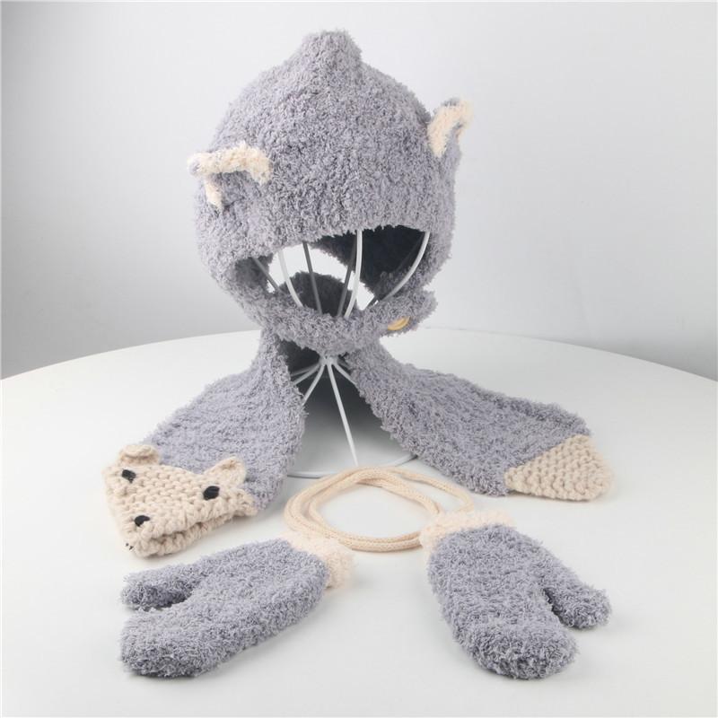 ニット帽子 帽子 子ども ベビー 赤ちゃん キッズ 男の子 女の子 ファッション小物 ベビー帽子 手編み風 3点セット 手袋 マフラー 耳付き ボタン | plusnao | 10