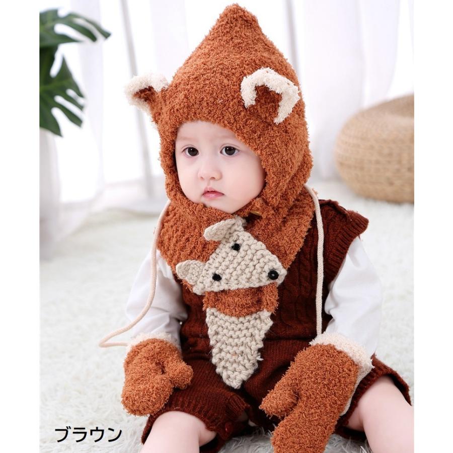 ニット帽子 帽子 子ども ベビー 赤ちゃん キッズ 男の子 女の子 ファッション小物 ベビー帽子 手編み風 3点セット 手袋 マフラー 耳付き ボタン | plusnao | 15