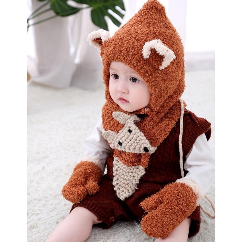 ニット帽子 帽子 子ども ベビー 赤ちゃん キッズ 男の子 女の子 ファッション小物 ベビー帽子 手編み風 3点セット 手袋 マフラー 耳付き ボタン | plusnao | 02