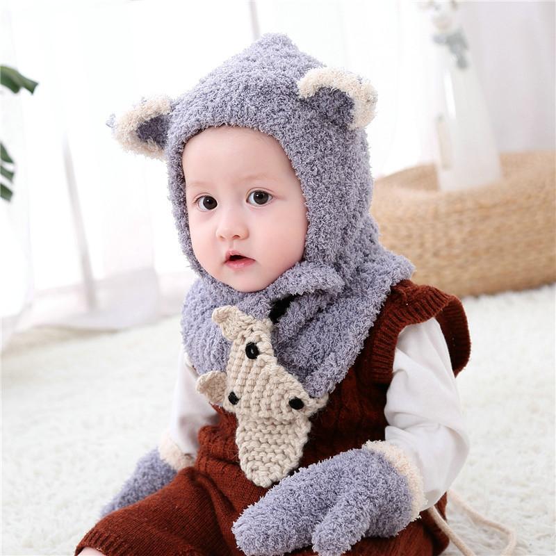 ニット帽子 帽子 子ども ベビー 赤ちゃん キッズ 男の子 女の子 ファッション小物 ベビー帽子 手編み風 3点セット 手袋 マフラー 耳付き ボタン | plusnao | 04