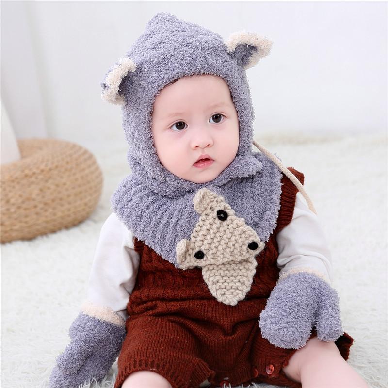 ニット帽子 帽子 子ども ベビー 赤ちゃん キッズ 男の子 女の子 ファッション小物 ベビー帽子 手編み風 3点セット 手袋 マフラー 耳付き ボタン | plusnao | 05