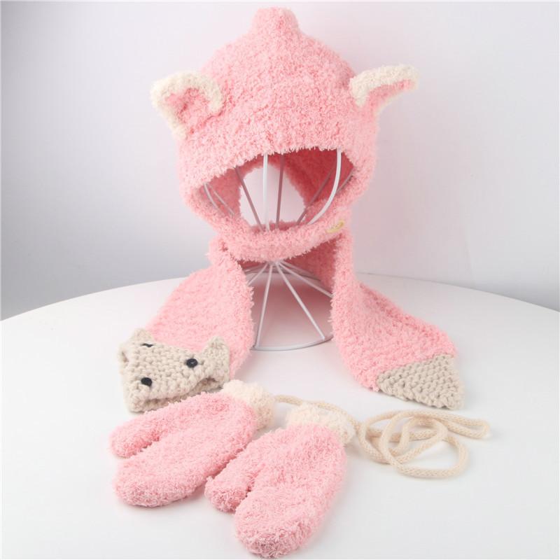 ニット帽子 帽子 子ども ベビー 赤ちゃん キッズ 男の子 女の子 ファッション小物 ベビー帽子 手編み風 3点セット 手袋 マフラー 耳付き ボタン | plusnao | 06