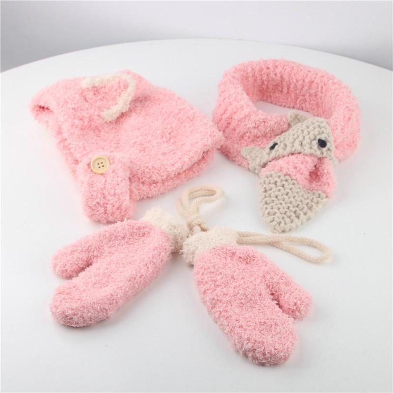 ニット帽子 帽子 子ども ベビー 赤ちゃん キッズ 男の子 女の子 ファッション小物 ベビー帽子 手編み風 3点セット 手袋 マフラー 耳付き ボタン | plusnao | 07