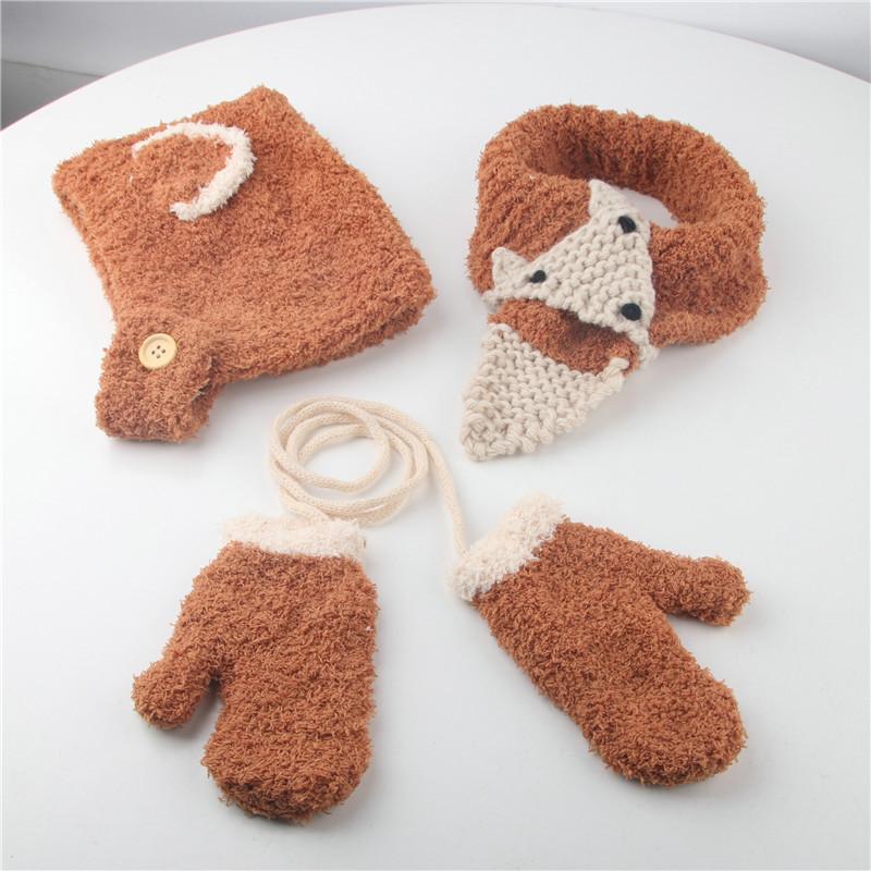 ニット帽子 帽子 子ども ベビー 赤ちゃん キッズ 男の子 女の子 ファッション小物 ベビー帽子 手編み風 3点セット 手袋 マフラー 耳付き ボタン | plusnao | 08