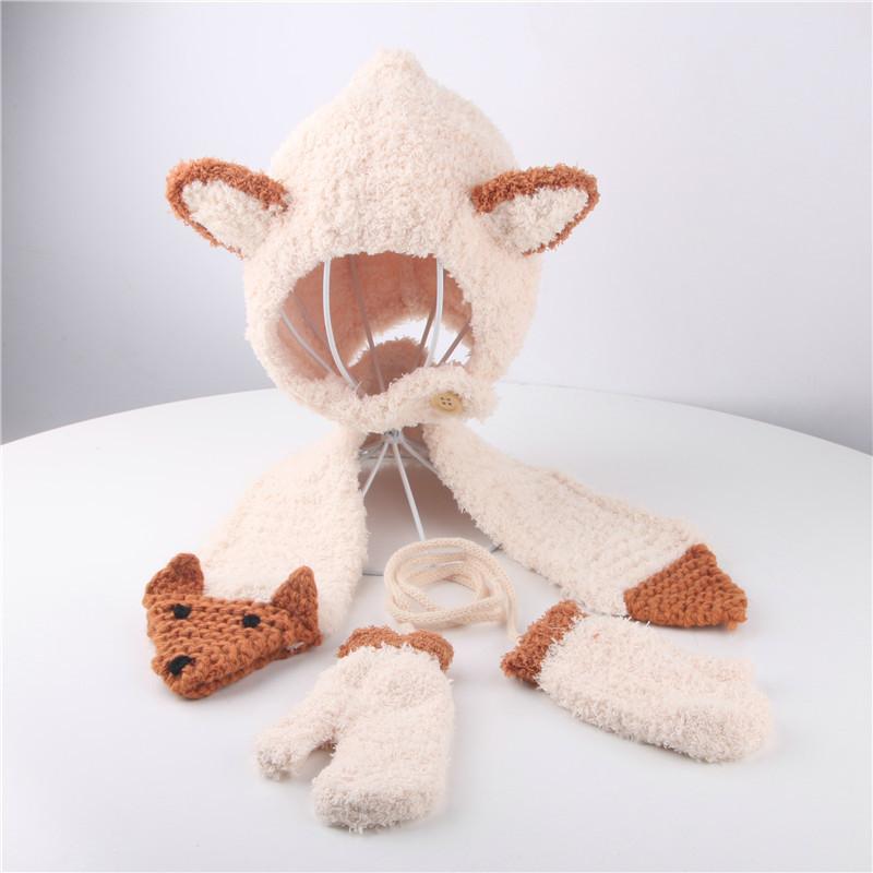 ニット帽子 帽子 子ども ベビー 赤ちゃん キッズ 男の子 女の子 ファッション小物 ベビー帽子 手編み風 3点セット 手袋 マフラー 耳付き ボタン | plusnao | 09