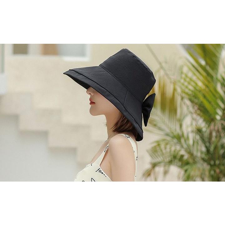 帽子 ハット つば広 リボン レディース 女性 ぼうし あご紐付き 顎紐 無地 単色 シンプル カジュアル 日よけ 日除け 日焼け防止 UV 紫外線対 | plusnao | 03