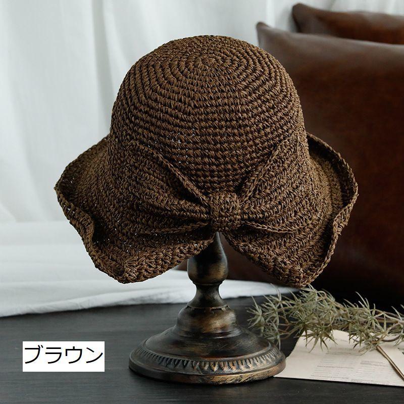 麦わら帽子 ストローハット レディース リボン スリット 透かし編み 