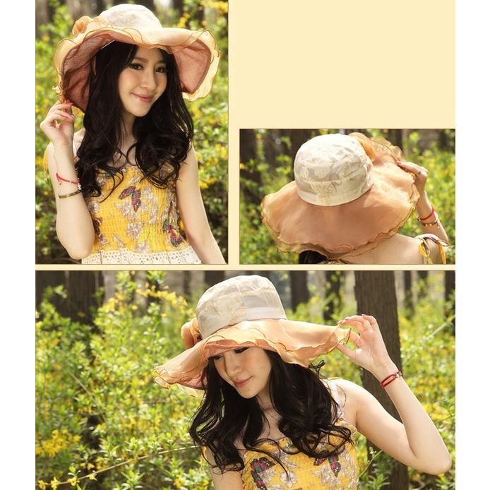 帽子 つば広ハット つば広帽子 女優帽 レディース 女性 折りたためる コンパクト 持ち歩き レース シフォン シースルー 日除け 日焼け対策 紫外線 | plusnao | 02