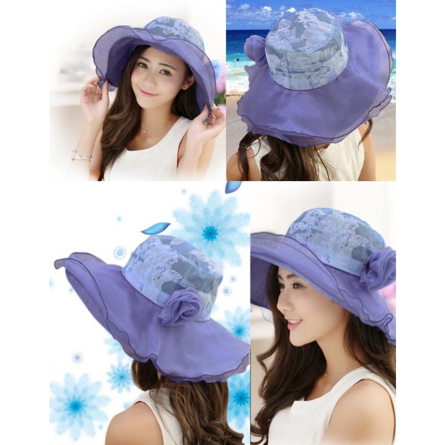 帽子 つば広ハット つば広帽子 女優帽 レディース 女性 折りたためる コンパクト 持ち歩き レース シフォン シースルー 日除け 日焼け対策 紫外線 | plusnao | 06