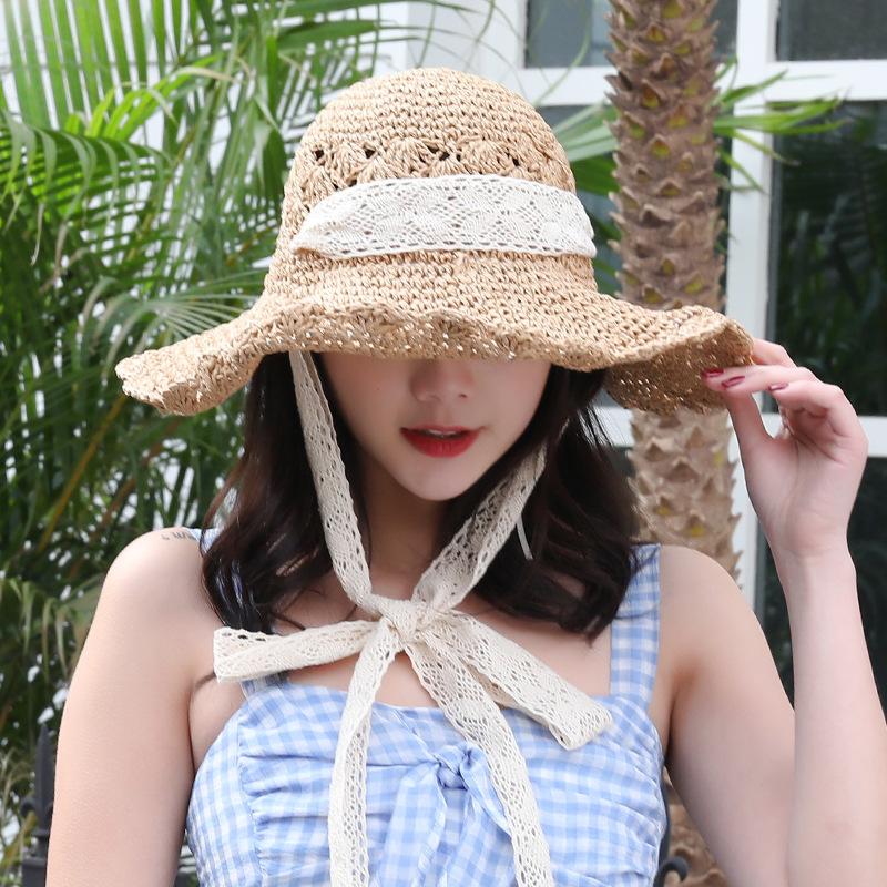 麦わら帽子 ストローハット 帽子 レディース 女性 サンハット 折りたたみ ワイヤー入り 調節可能 レースリボン 日除け 紫外線対策 熱中症対策 UV | ブランド登録なし | 01