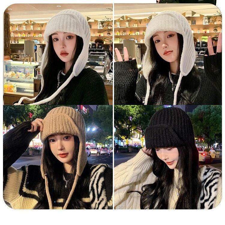 plusnao ニット帽 帽子 レディース リブニット 無地 単色 あごひも付き