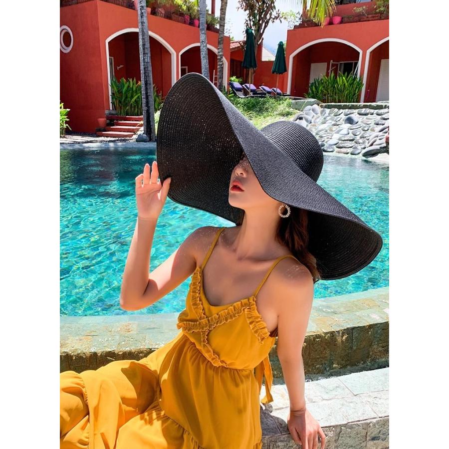 女優帽 麦わら帽子 レディース 女性 帽子 ぼうし ストローハット つば広 大きめ 折りたたみ シンプル 日除け 日よけ 日差し UV対策 紫外線対策 | plusnao | 01