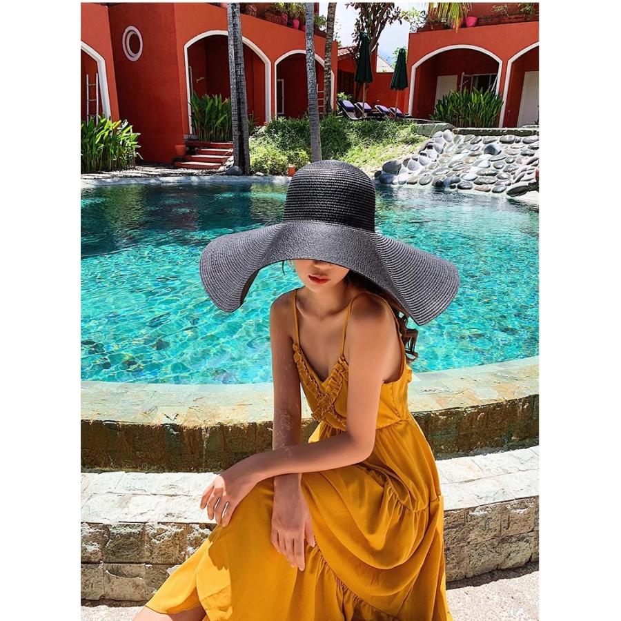 女優帽 麦わら帽子 レディース 女性 帽子 ぼうし ストローハット つば広 大きめ 折りたたみ シンプル 日除け 日よけ 日差し UV対策 紫外線対策 | plusnao | 02