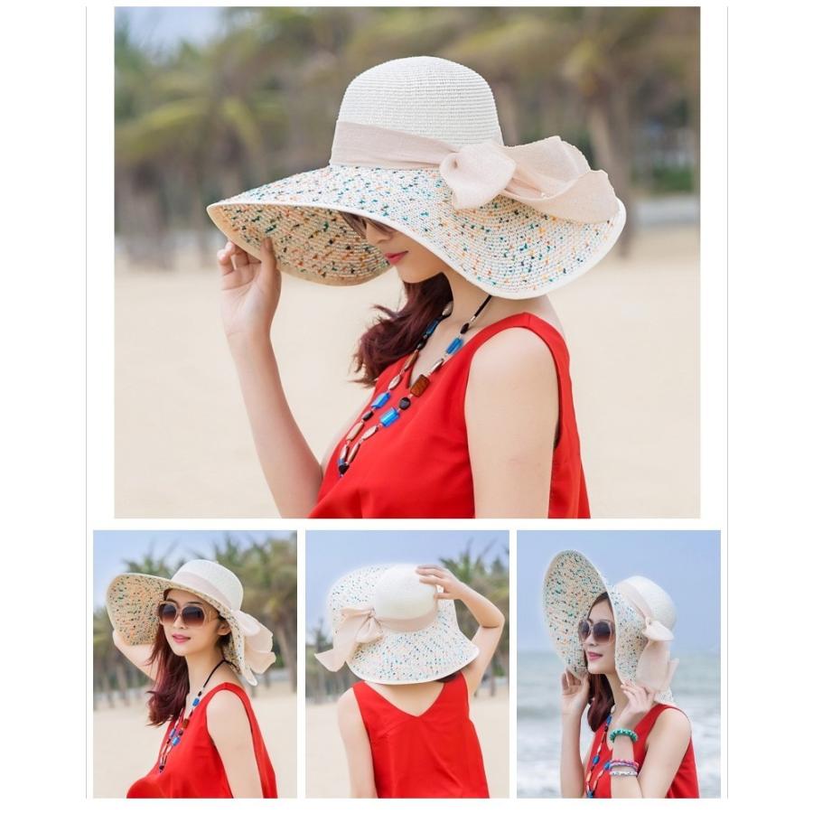 女優帽 麦わら帽子 ストローハット レディース 女性 ファッション雑貨 つば広帽 大きめ リボン ドット オフホワイト ブルー ピンク かわいい キュ | plusnao | 11