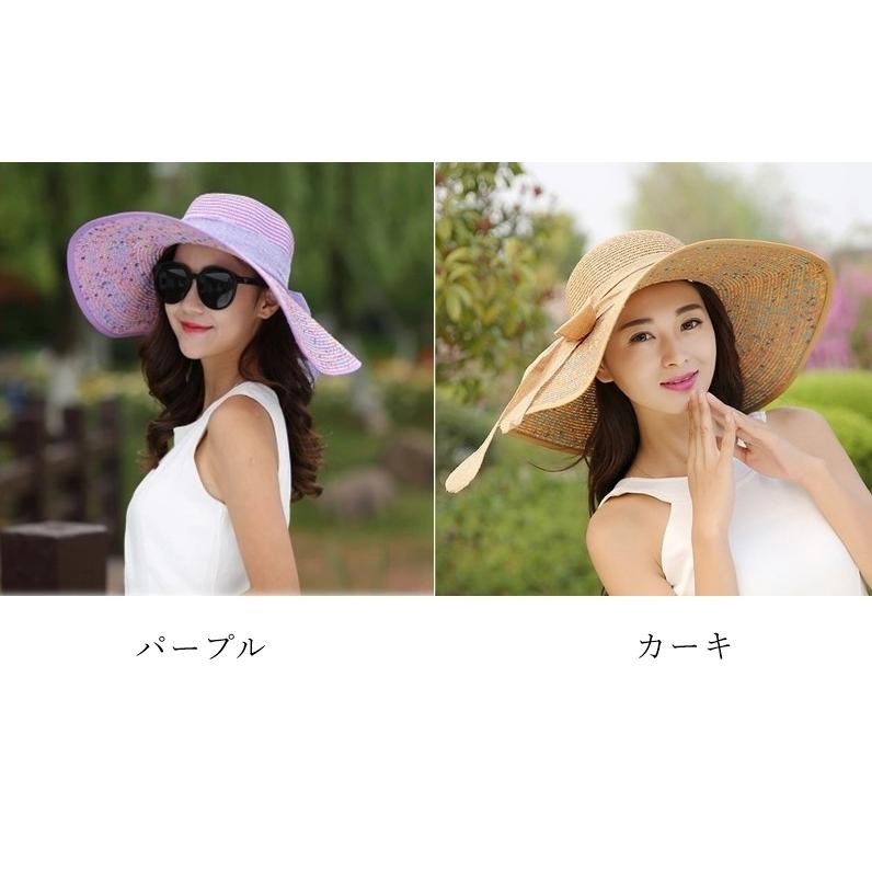 女優帽 麦わら帽子 ストローハット レディース 女性 ファッション雑貨 つば広帽 大きめ リボン ドット オフホワイト ブルー ピンク かわいい キュ | plusnao | 14