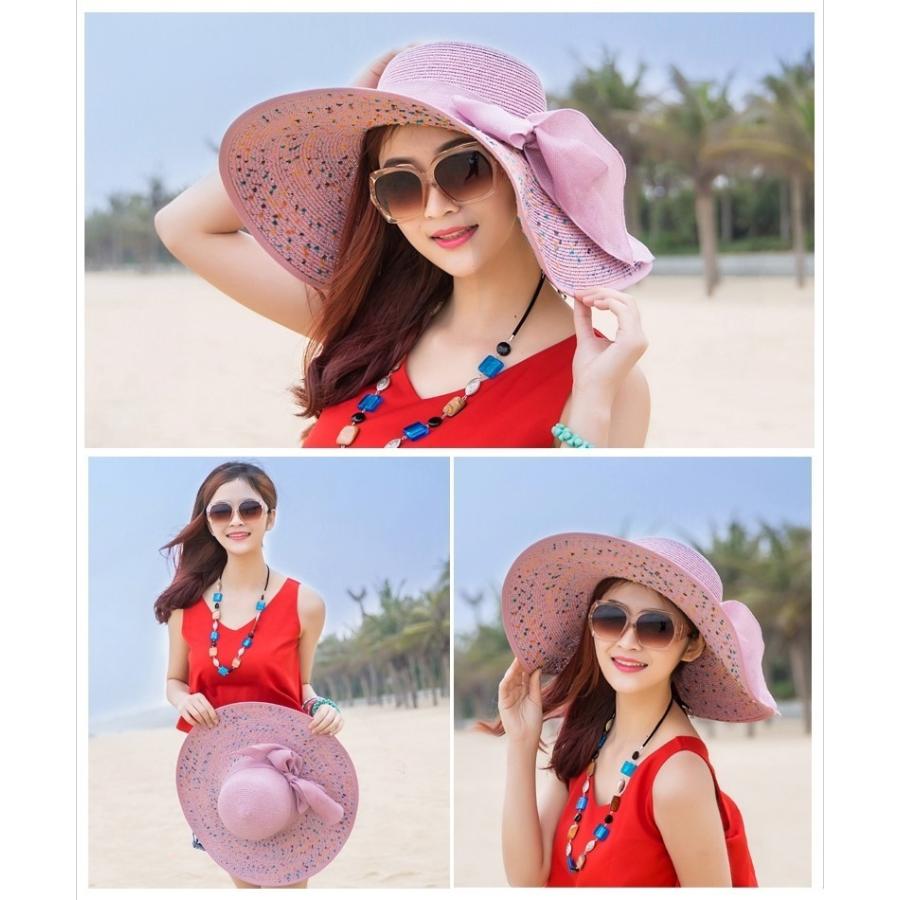 女優帽 麦わら帽子 ストローハット レディース 女性 ファッション雑貨 つば広帽 大きめ リボン ドット オフホワイト ブルー ピンク かわいい キュ | plusnao | 01