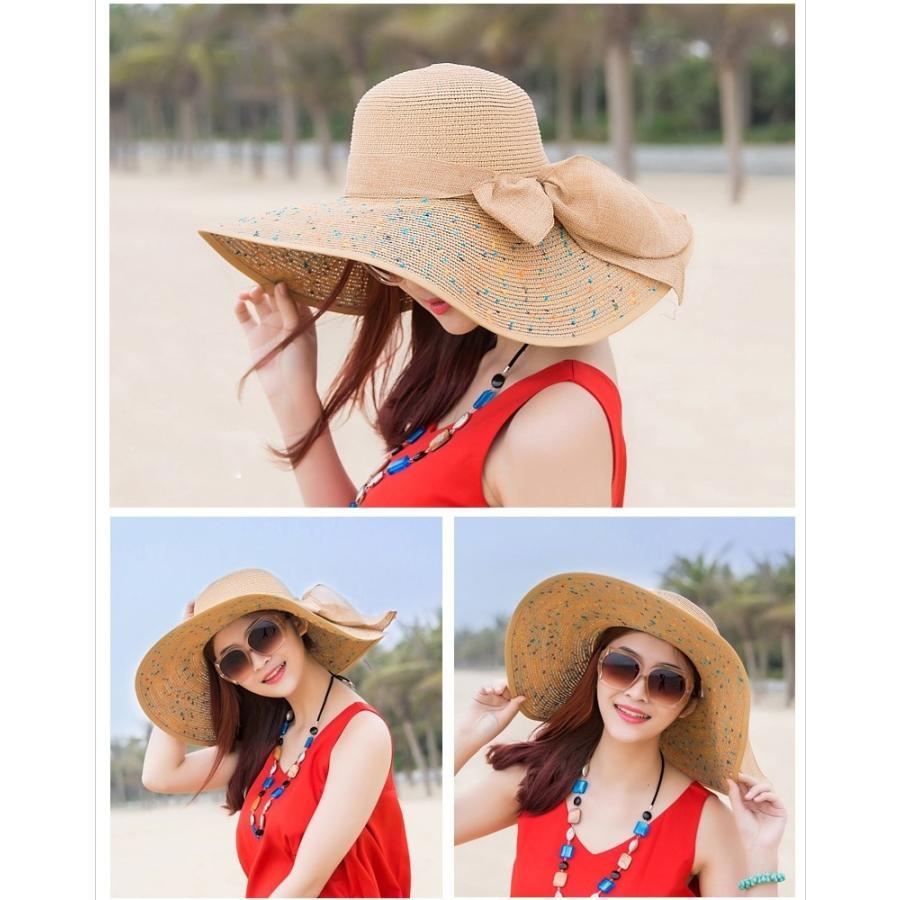 女優帽 麦わら帽子 ストローハット レディース 女性 ファッション雑貨 つば広帽 大きめ リボン ドット オフホワイト ブルー ピンク かわいい キュ | plusnao | 02