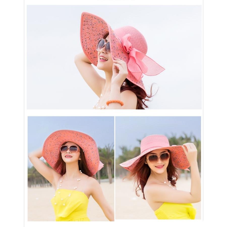 女優帽 麦わら帽子 ストローハット レディース 女性 ファッション雑貨 つば広帽 大きめ リボン ドット オフホワイト ブルー ピンク かわいい キュ | plusnao | 03