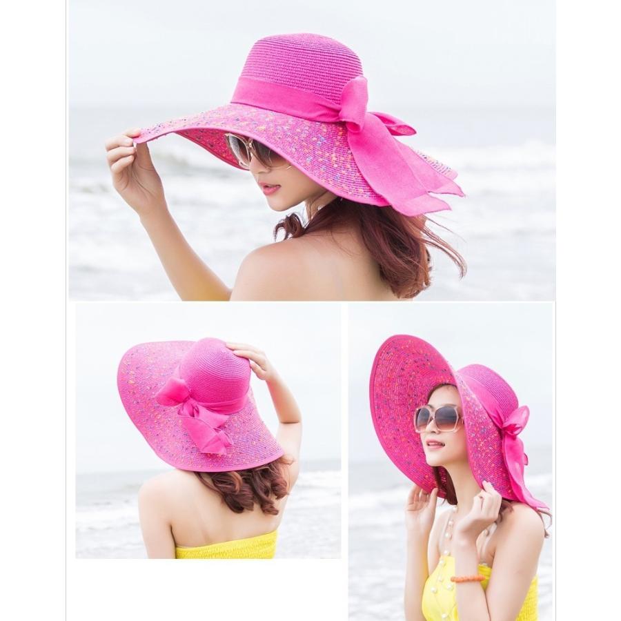 女優帽 麦わら帽子 ストローハット レディース 女性 ファッション雑貨 つば広帽 大きめ リボン ドット オフホワイト ブルー ピンク かわいい キュ | plusnao | 04
