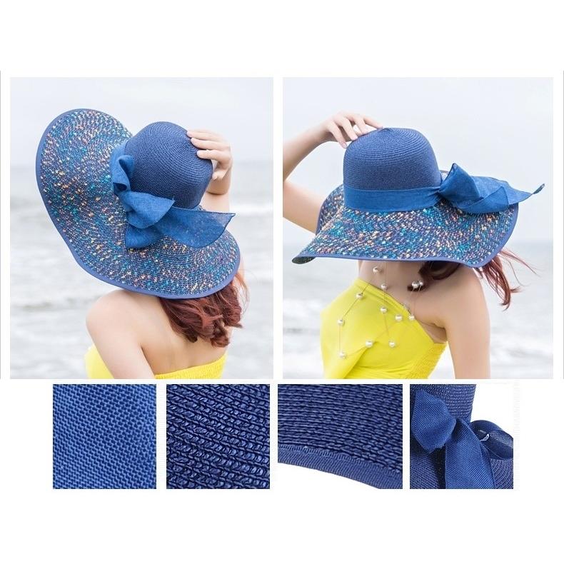 女優帽 麦わら帽子 ストローハット レディース 女性 ファッション雑貨 つば広帽 大きめ リボン ドット オフホワイト ブルー ピンク かわいい キュ | plusnao | 05