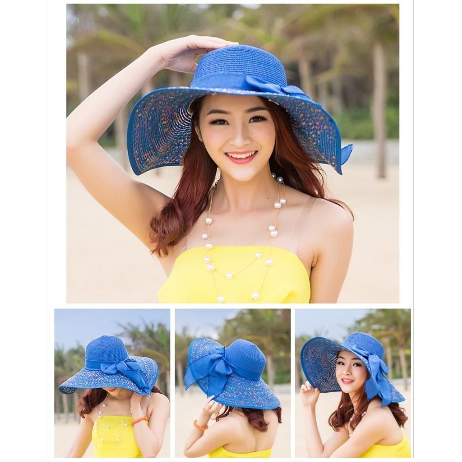 女優帽 麦わら帽子 ストローハット レディース 女性 ファッション雑貨 つば広帽 大きめ リボン ドット オフホワイト ブルー ピンク かわいい キュ | plusnao | 07
