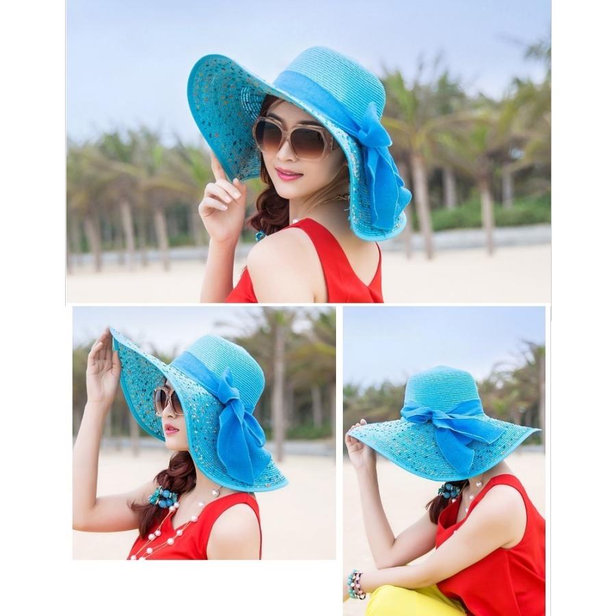 女優帽 麦わら帽子 ストローハット レディース 女性 ファッション雑貨 つば広帽 大きめ リボン ドット オフホワイト ブルー ピンク かわいい キュ | plusnao | 08