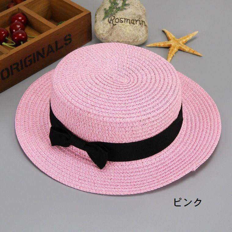 シャポードオー麦わら帽子ストローハットカンカン帽ブラウンピンク