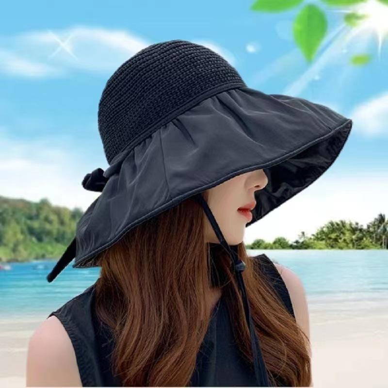 女優帽 帽子 麦わら帽子 つば広 レディース 女性 ぼうし ストローハット ハット リボン 紫外線対策 UV対策 日よけ 日焼け防止 あご紐付き やわ | ブランド登録なし | 02