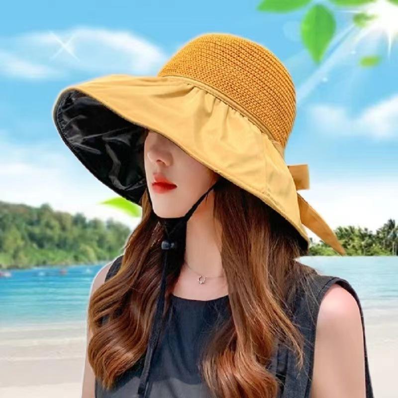 女優帽 帽子 麦わら帽子 つば広 レディース 女性 ぼうし ストローハット ハット リボン 紫外線対策 UV対策 日よけ 日焼け防止 あご紐付き やわ | ブランド登録なし | 05