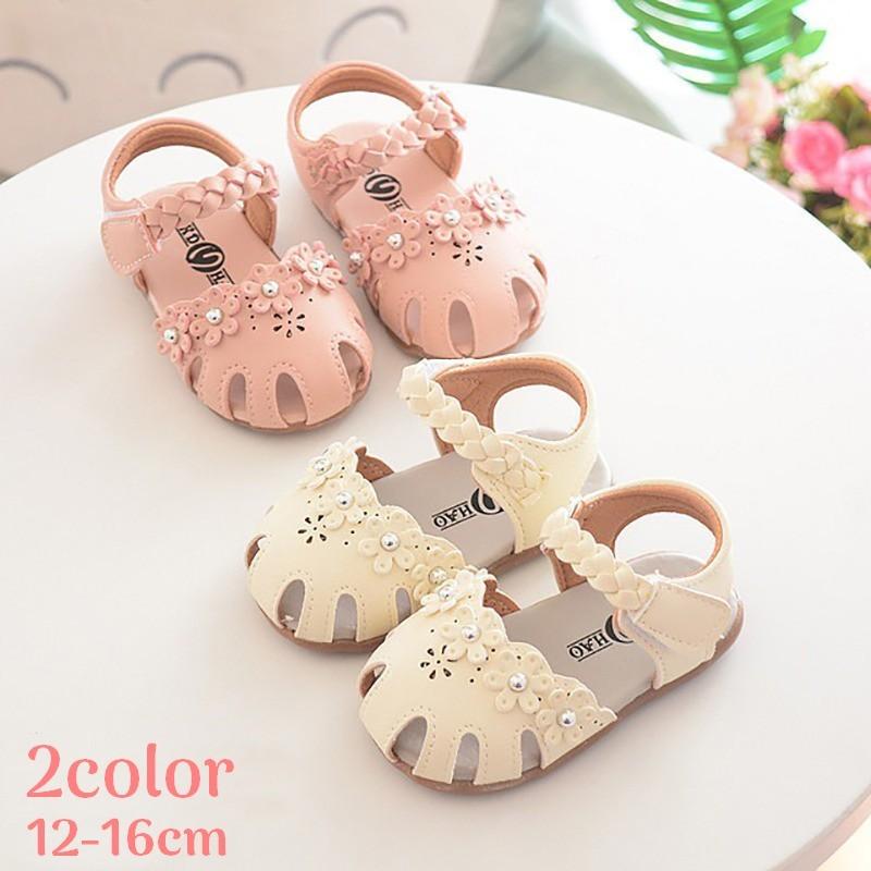 ベビー キッズ ベビーシューズ サンダル ストラップ付きサンダル 編み込み つま先保護 花 フラワー かわいい お出かけ 夏