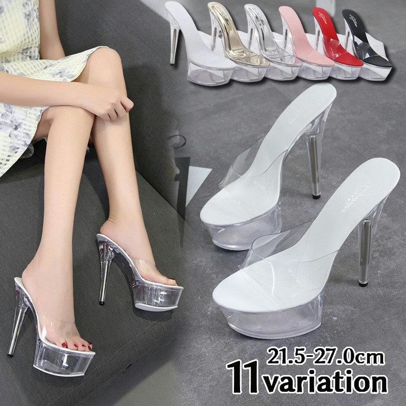 ミュール サンダル ヒール高14.5cm レディース 婦人用 厚底 ピンヒール クリアソール 透明 シースルー ハイヒール 靴 シューズ オープントゥ plusnao（プラスナオ） ミュール サンダル ヒール高14.5cm レディース