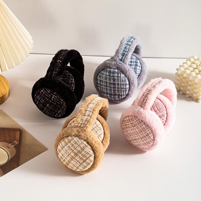 イヤーマフ 耳当て フェイクファー 折りたたみ 折り畳み式 レディース メンズ 女性 男性 学生 オフィス 秋冬 防寒 防風 チェック柄 ツイード風 | plusnao | 01