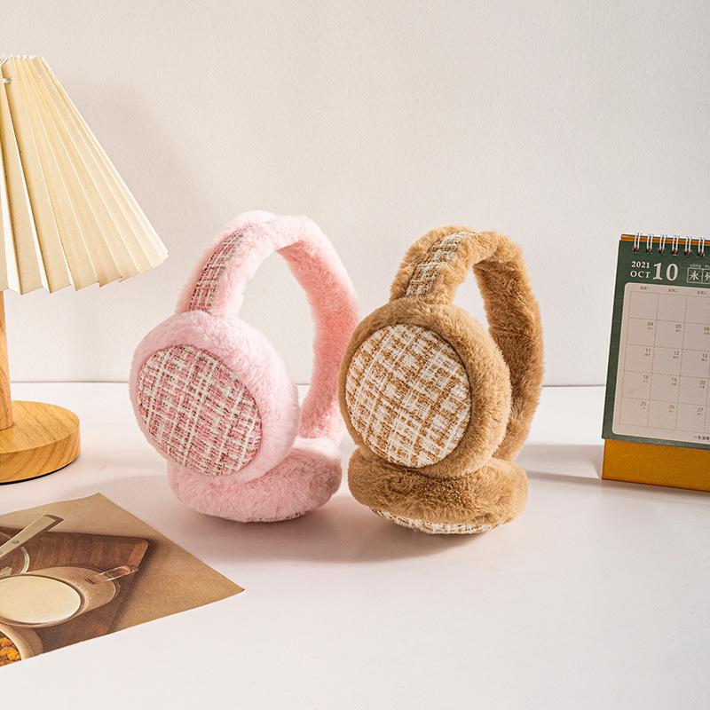 イヤーマフ 耳当て フェイクファー 折りたたみ 折り畳み式 レディース メンズ 女性 男性 学生 オフィス 秋冬 防寒 防風 チェック柄 ツイード風 | plusnao | 02