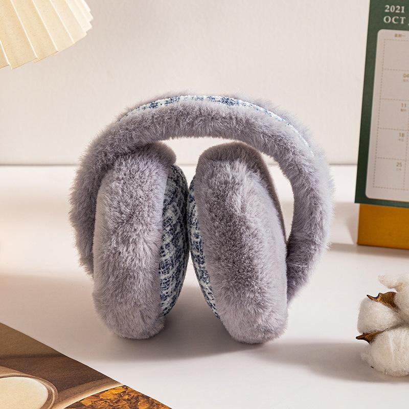 イヤーマフ 耳当て フェイクファー 折りたたみ 折り畳み式 レディース メンズ 女性 男性 学生 オフィス 秋冬 防寒 防風 チェック柄 ツイード風 | plusnao | 03