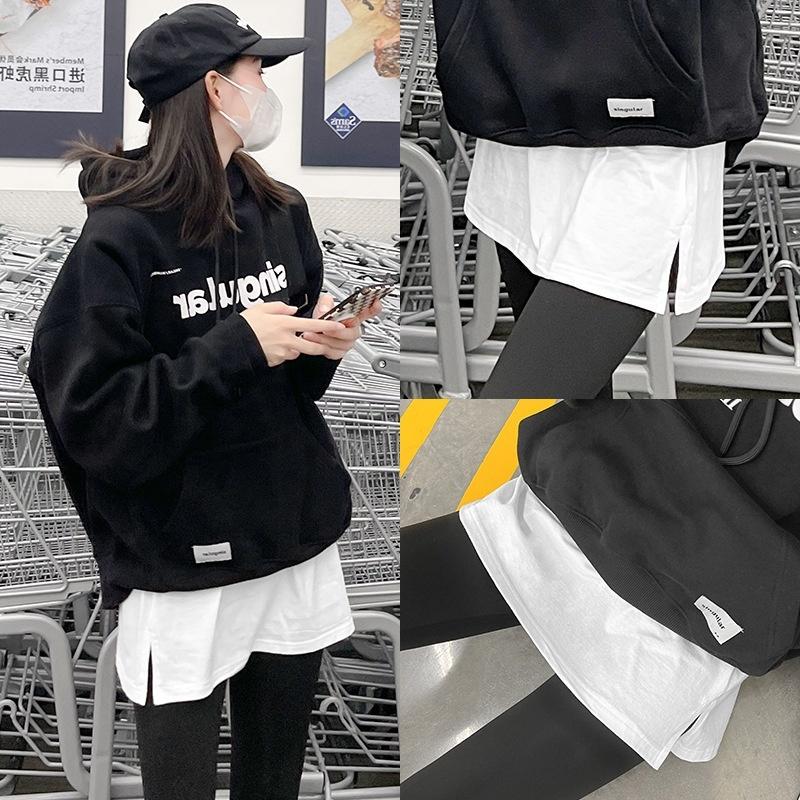 付け裾 レディース フェイクレイヤード レイヤード風 カットソー トップス 裾 スリット Tシャツ 白 黒 シンプル 無地 かわいい おしゃれ 女性 | plusnao | 01