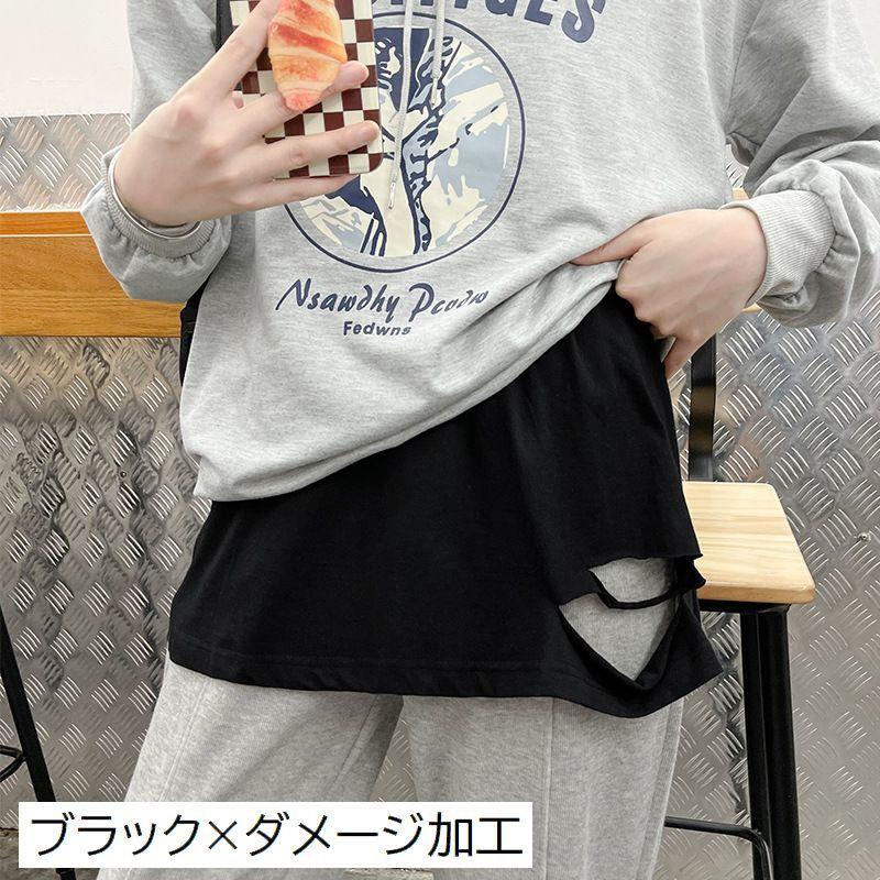 付け裾 つけ裾 レディース フェイクレイヤード 重ね着風 ウエストゴム スリット ダメージ加工 トップス 体型カバー 無地 ソリッドカラー 女性用 婦 | plusnao | 13