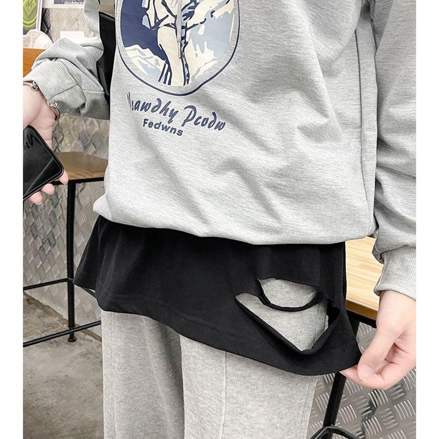 付け裾 つけ裾 レディース フェイクレイヤード 重ね着風 ウエストゴム スリット ダメージ加工 トップス 体型カバー 無地 ソリッドカラー 女性用 婦 | plusnao | 05