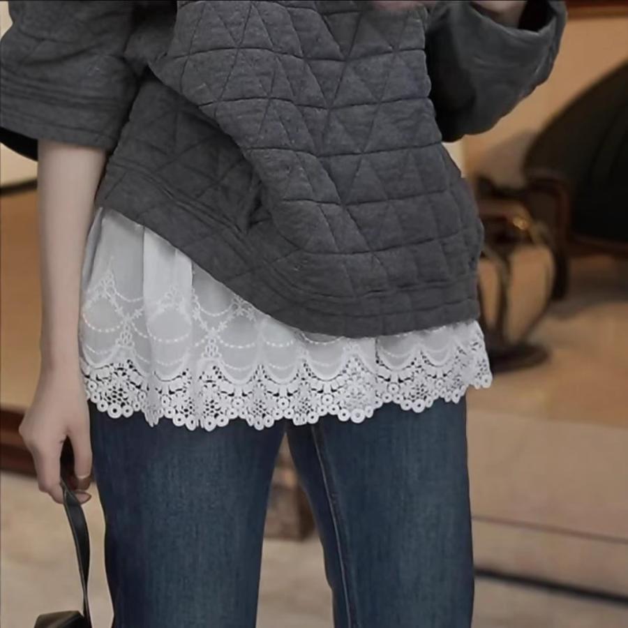 付け裾 つけ裾 レディース 女性 婦人 フェイクレイヤード レイヤード風 重ね着風 ウエストゴム レース 花 フラワー トップス 体型カバー 無地 着 | plusnao | 01